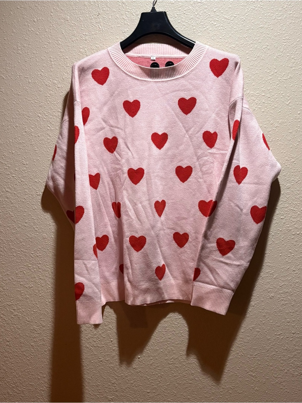 SHEIN Pink Crewneck Sweater with Red Heart Print